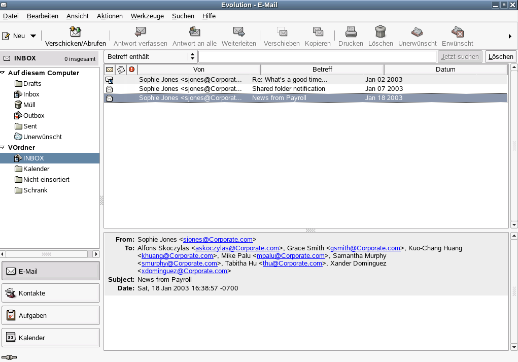 Evolution E-Mail-Eingangsordner-Fenster