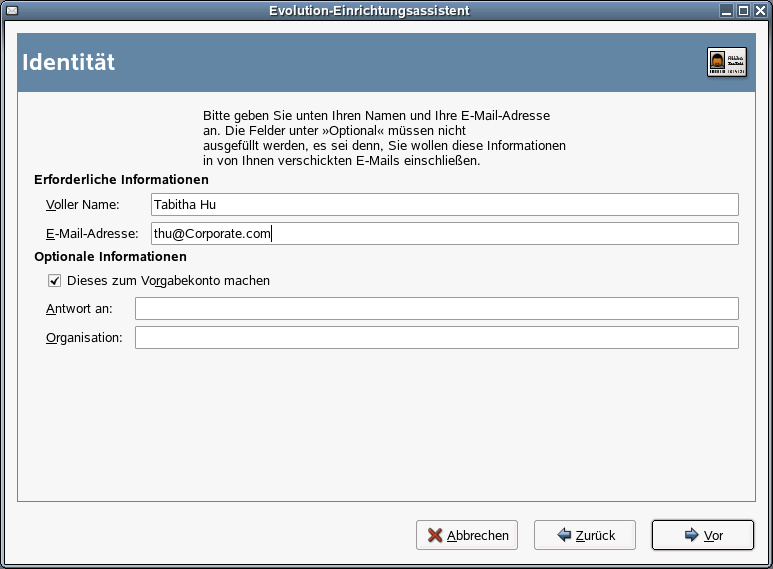 Abschnitt "Identitt" des Evolution-Einrichtungsassistenten