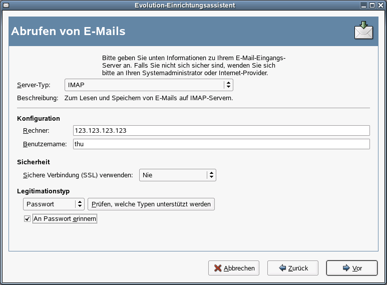 Abschnitt "Abrufen von E-Mails" des Evolution-Einrichtungsassistenten