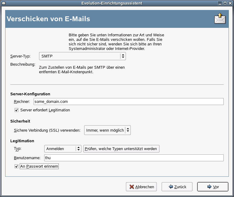 Abschnitt "Verschicken von E-Mails" des Evolution-Einrichtungsassistenten