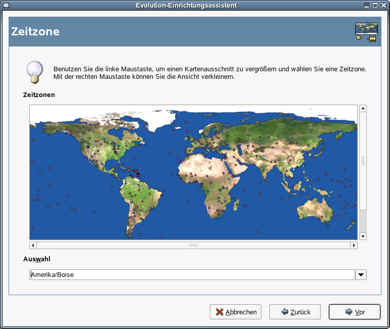 Abschnitt "Zeitzone" des Evolution-Einrichtungsassistenten