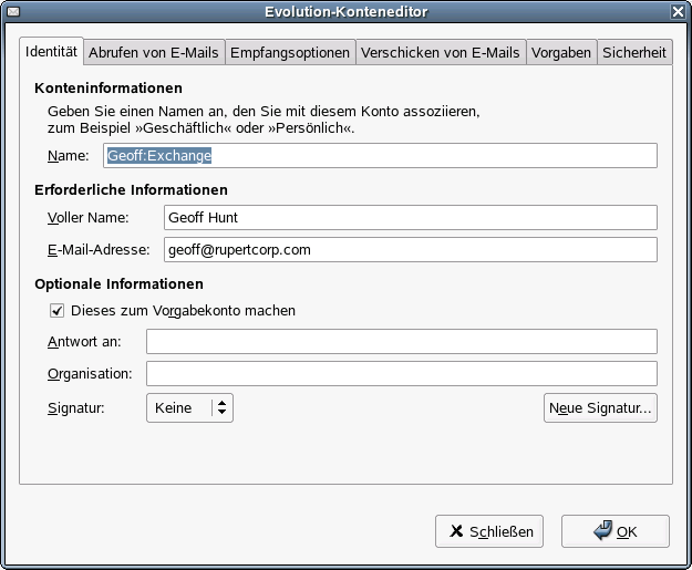 Exchange-Konto erstellen, 1. Schritt: Identitt