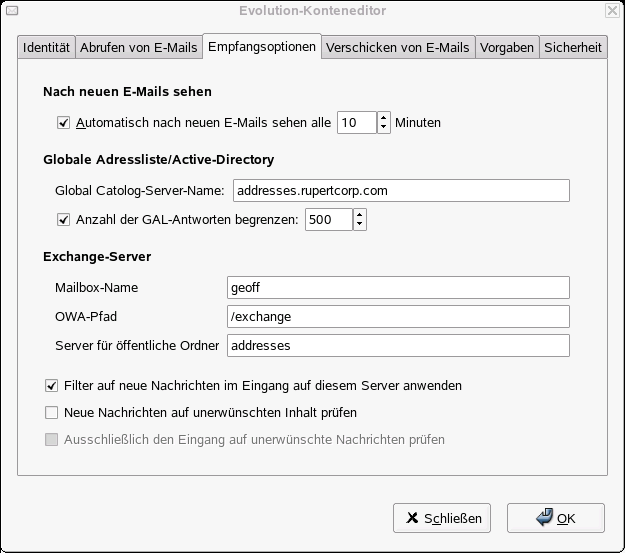 Exchange-Konto erstellen, 3. Schritt: E-Mail-Einstellungen