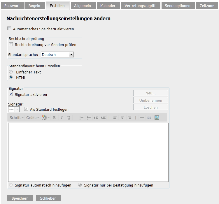 Ansicht der Verfassen-Optionen