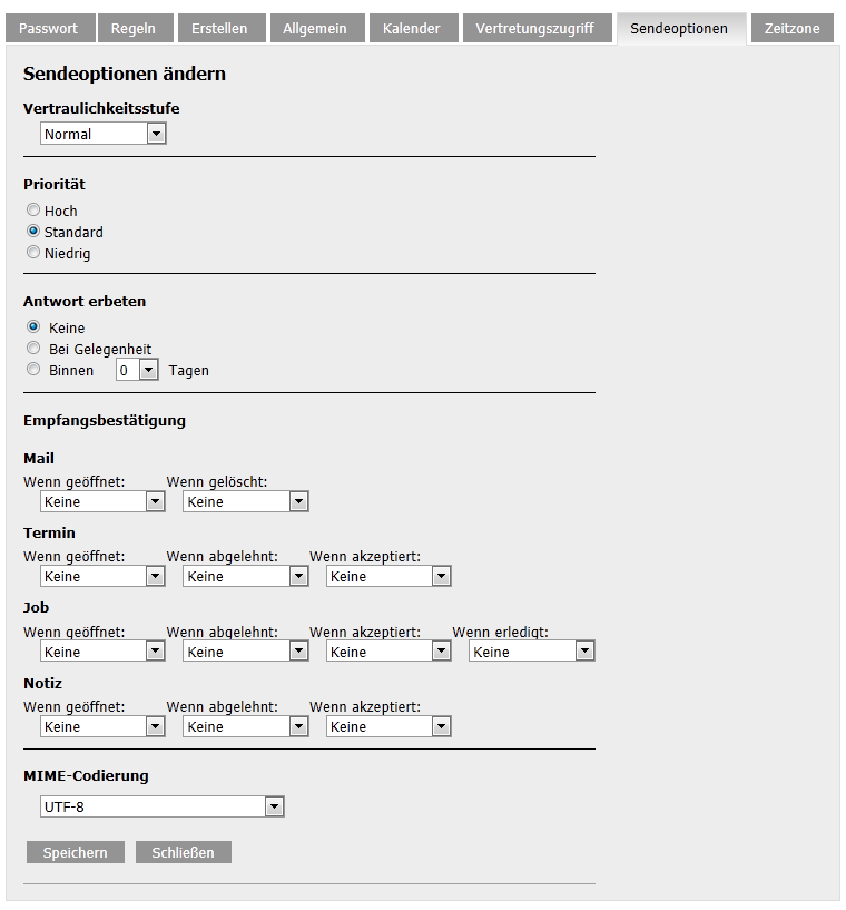 Layout „Optionen - Sendeoptionen“