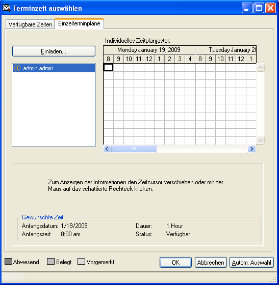 Dialogfeld „Terminzeit auswählen“ 											