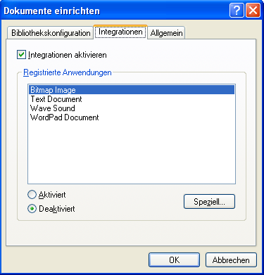 Dialogfeld „Dokumente einrichten“, Register „Integrationen“ 										
