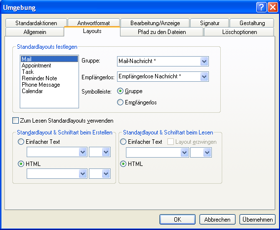 Dialogfeld „Umgebung“, Register „Layouts“ 									