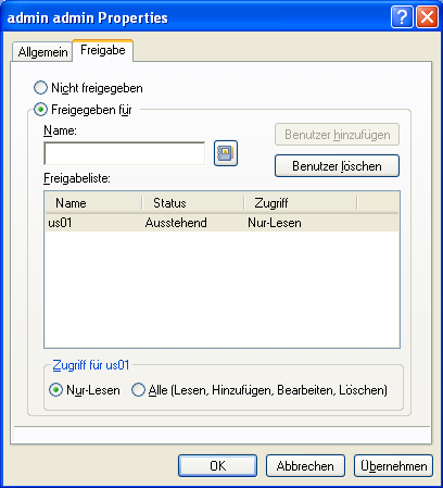 Dialogfeld „Eigenschaften“ eines Adressbuchs, Register „Freigeben“ 									