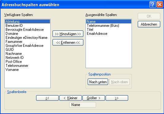 Dialogfeld „Adressbuchspalten auswählen“ 										