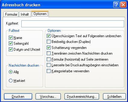 Dialogfeld „Adressbuch drucken“, Register „Optionen“ 									