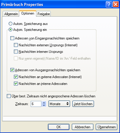 Dialogfeld „Primärbuch-Eigenschaften“, Register „Optionen“ 										