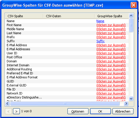 Fenster „CSV-Dateizuordnung importieren“ 											