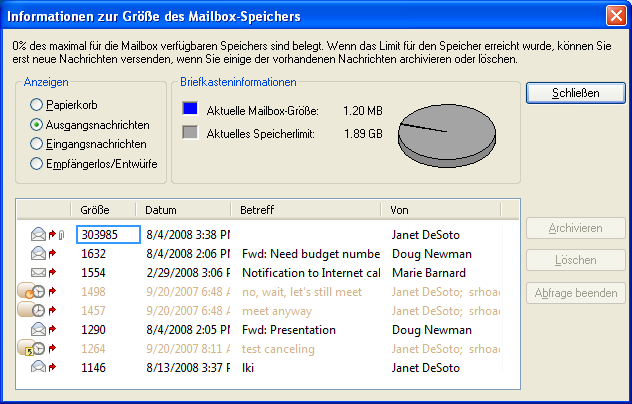 Dialogfeld „Informationen zur Größe des Mailbox-Speichers“ 									