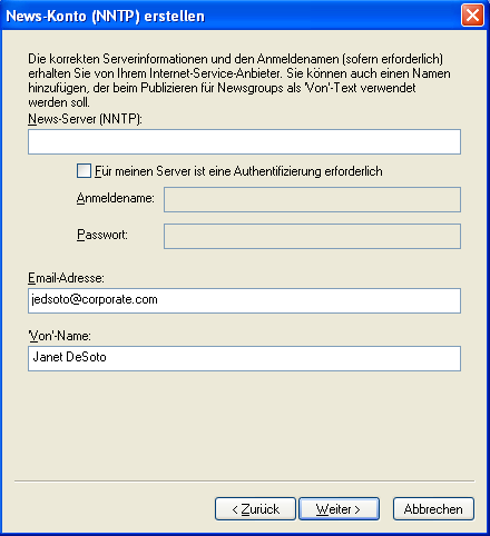 Dialogfeld „News-Konto (NNTP) erstellen“ 									