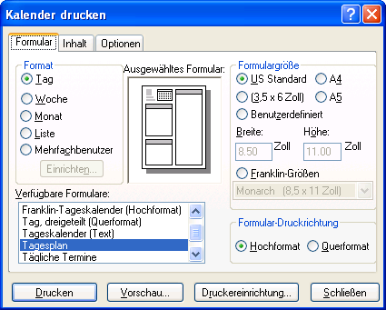 Dialogfeld „Kalender drucken“ 									