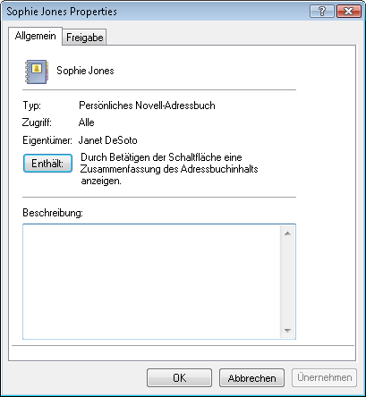 Dialogfeld "Eigenschaften" eines Adressbuchs, Register "Allgemein"