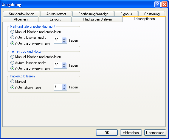 Dialogfeld "Umgebung", Register "Löschoptionen"