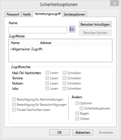 Dialogfeld "Notify-Optionen", Registerkarte "Vertretungszugriff"