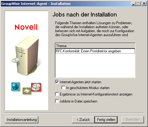 Seite "Post Installation Task List" des Internet-Agenten
