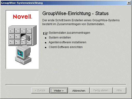 Seite "GroupWise-Einrichtung – Status: Systemdaten zusammentragen"