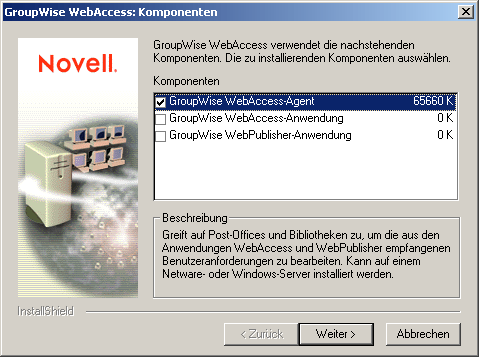 Dialogfeld "GroupWise WebAccess: Komponenten"