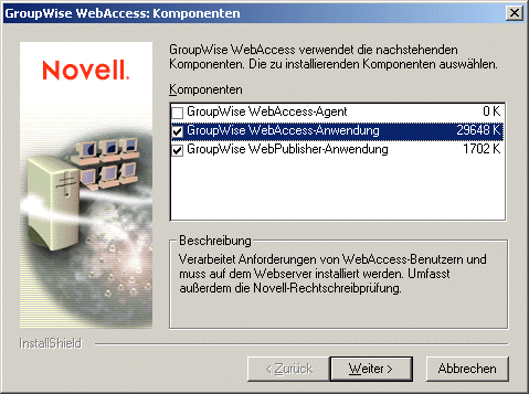 Dialogfeld "GroupWise WebAccess: Komponenten"