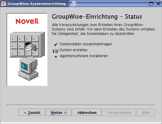 Seite “GroupWise-Einrichtung – Status: System erstellen”