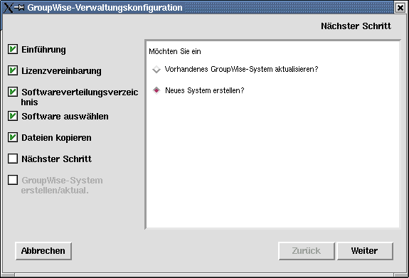 Seite "Nächster Schritt" im GroupWise-Installationsratgeber unter Linux