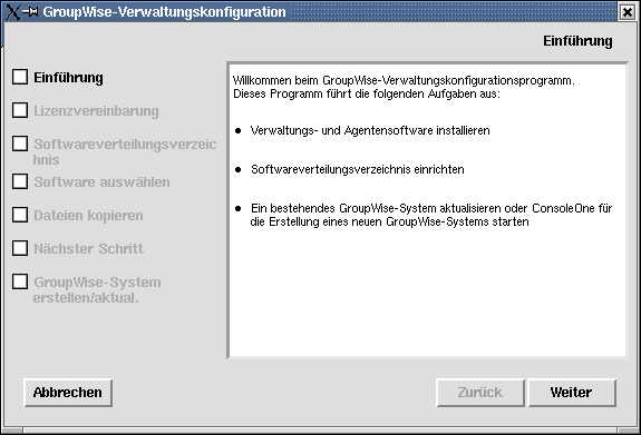 Seite "Einführung" im GroupWise-Installationsratgeber unter Linux