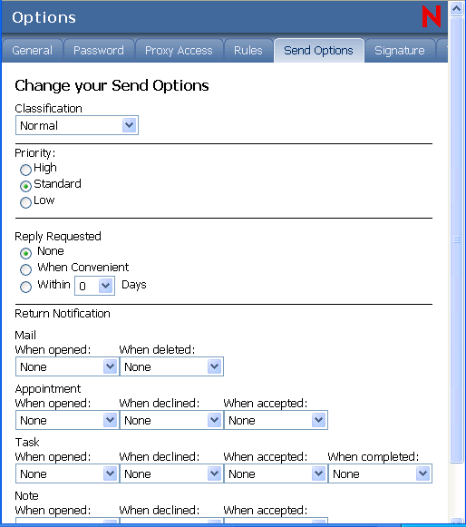 Layout "Optionen - Sendeoptionen"