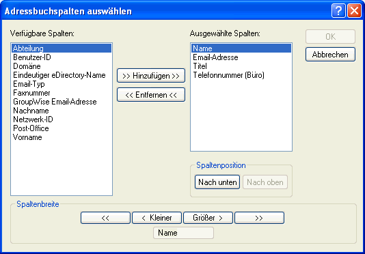 Dialogfeld "Adressbuchspalten auswhlen"