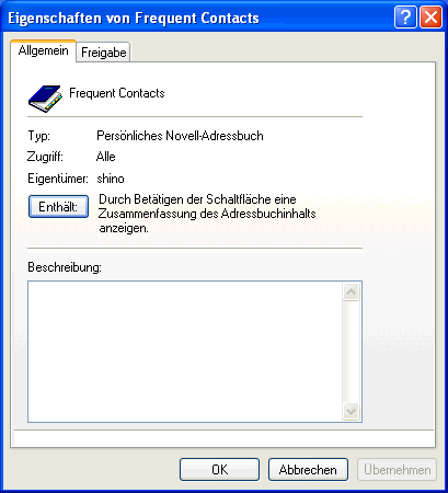 Dialogfeld "Eigenschaften" eines Adressbuchs, Register "Allgemein"
