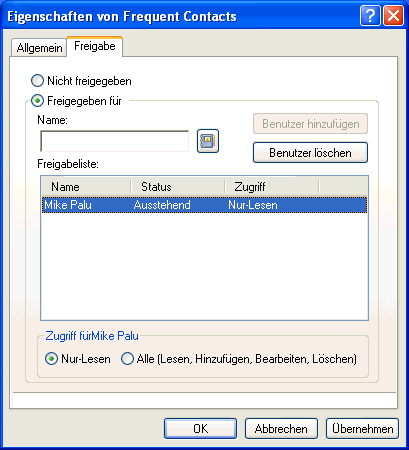 Dialogfeld "Eigenschaften" eines Adressbuchs, Register "Freigeben"