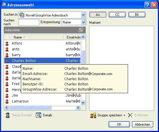 Adressauswahl mit Informationen zu einem Benutzer