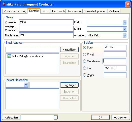 Dialogfeld "Kontakte"