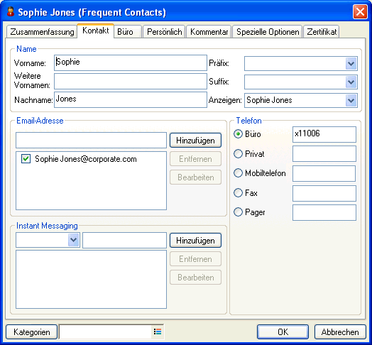 Kontakteigenschaften mit Register "Kontakt"