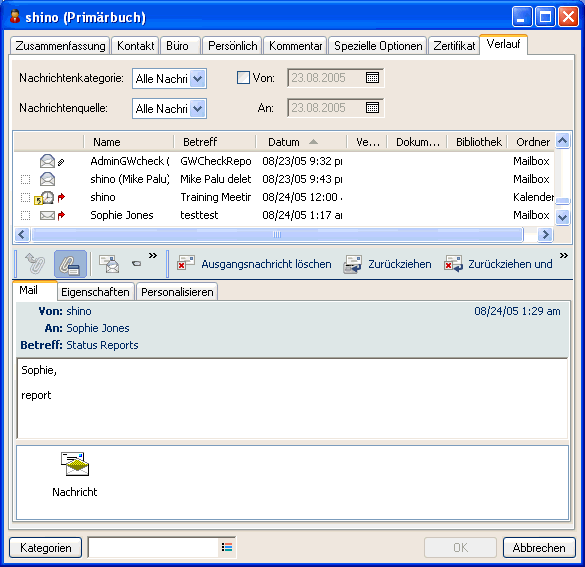 Kontakteigenschaften mit Register "Verlauf"