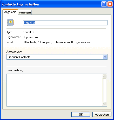 Dialogfeld "Kontakte-Ordner - Eigenschaften"