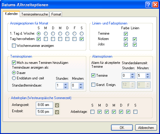 Dialogfeld "Datums-/Uhrzeitoptionen", Register "Kalender"