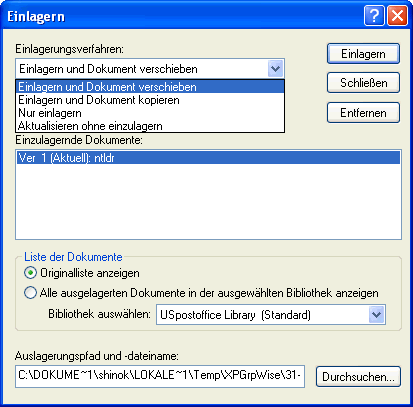 Dialogfeld "Einlagern", Option "Einlagern und Dokument verschieben" in der Dropdown-Liste ausgewhlt