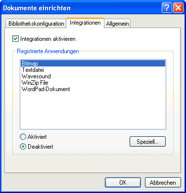 Dialogfeld "Dokumente einrichten", Register "Integrationen"
