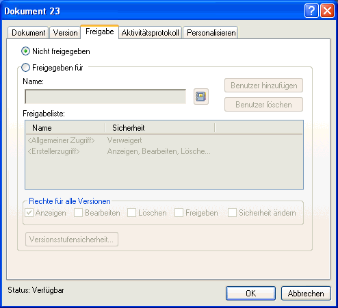 Dialogfeld "Dokumenteigenschaften", Register "Freigabe"