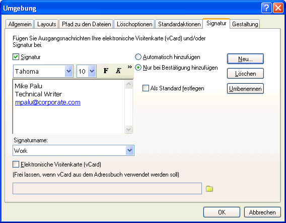 Dialogfeld "Umgebung", Register "Signatur"