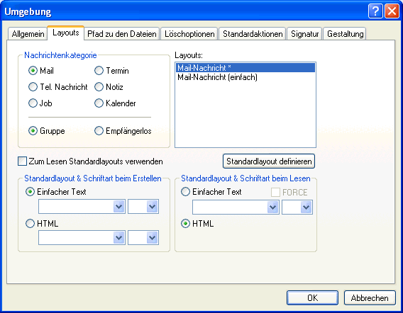 Dialogfeld "Umgebung", Register "Layouts"