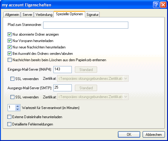 Dialogfeld "IMAP-Konto-Eigenschaften", Register "Spezielle Optionen"