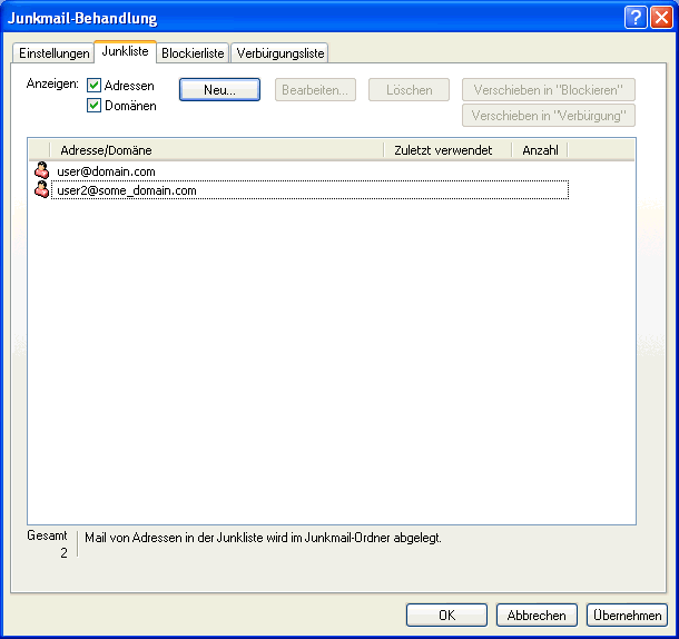 Dialogfeld "Junkmail-Behandlung", Register "Junkliste"