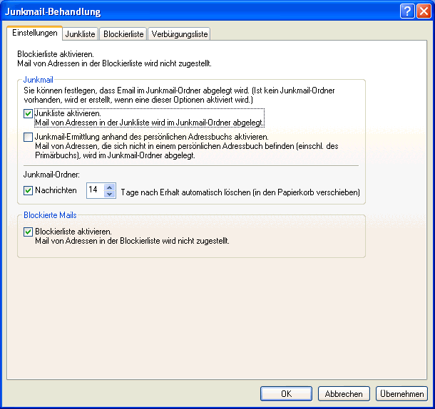 Dialogfeld "Junkmail-Behandlung", Register "Einstellungen"