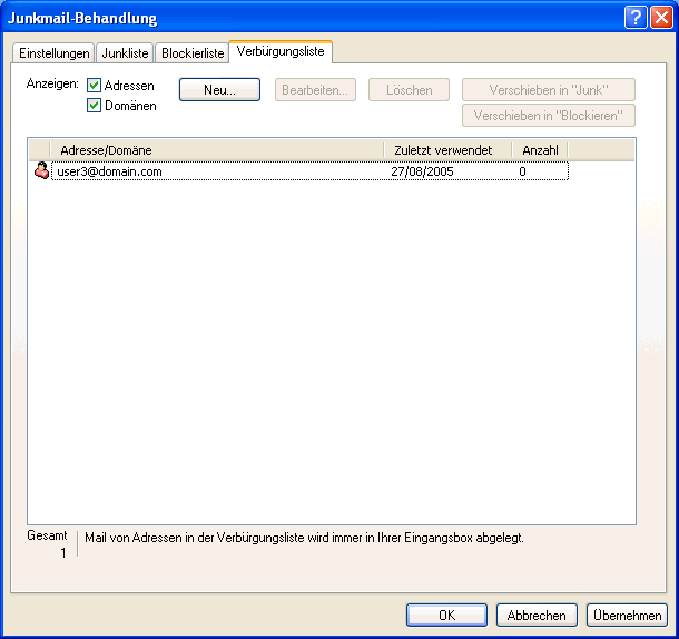 Dialogfeld "Junkmail-Behandlung", Register "Verbrgungsliste"