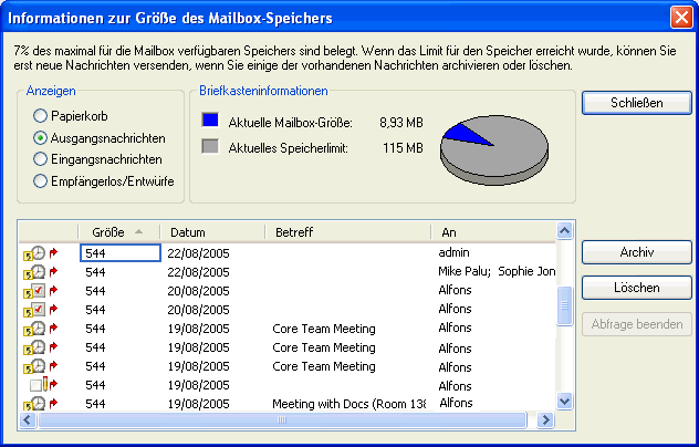 Dialogfeld "Informationen zur Gre des Mailbox-Speichers"